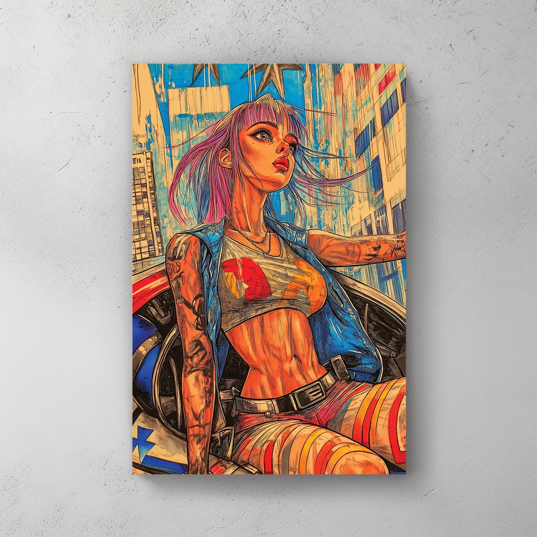 Futuristic anime-style wall art of a confident woman with vibrant hair riding through a neon city