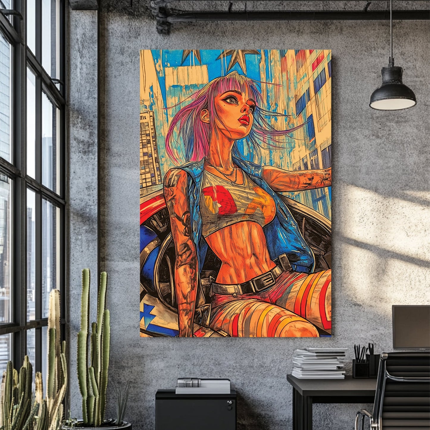 Futuristic anime-style wall art of a confident woman with vibrant hair riding through a neon city