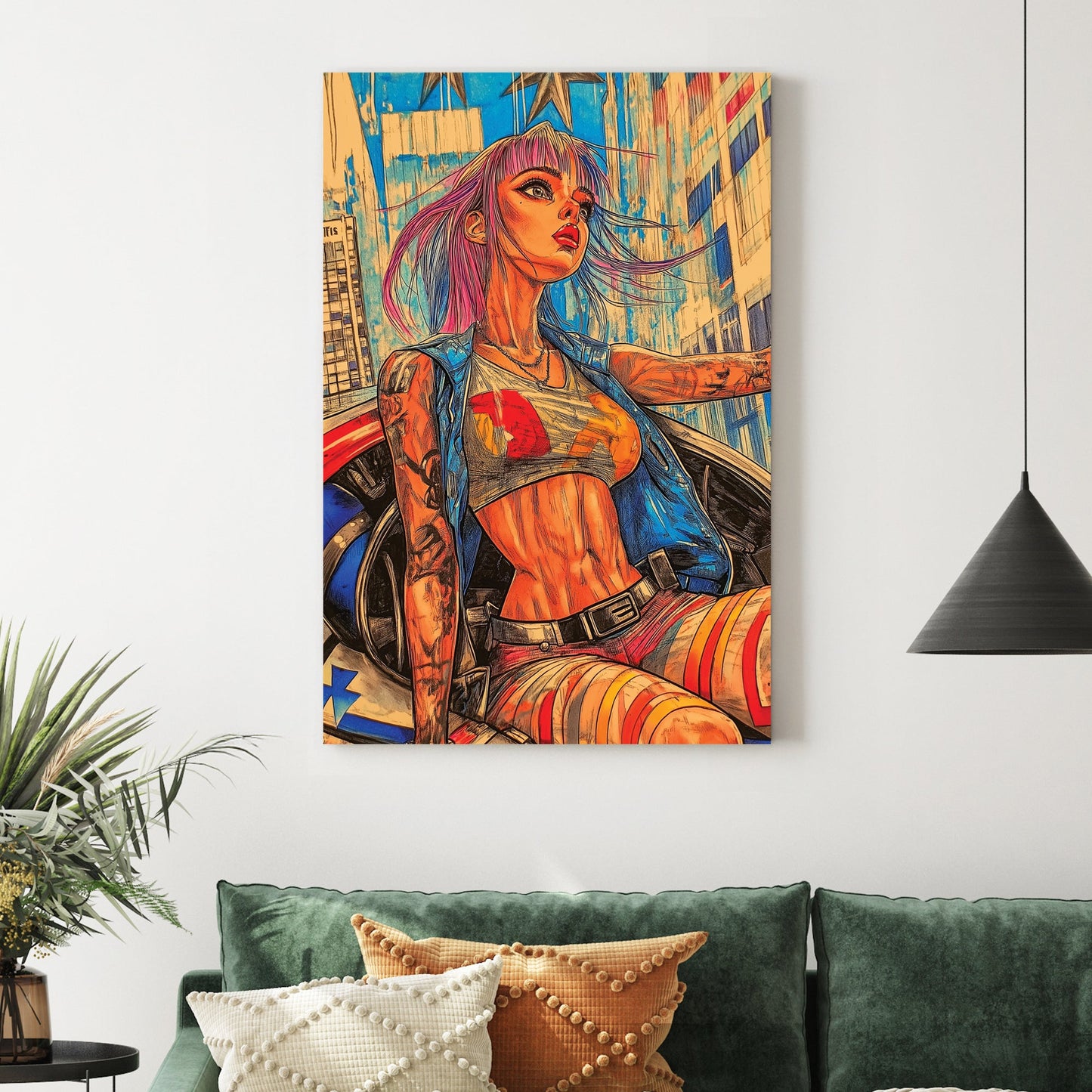 Futuristic anime-style wall art of a confident woman with vibrant hair riding through a neon city