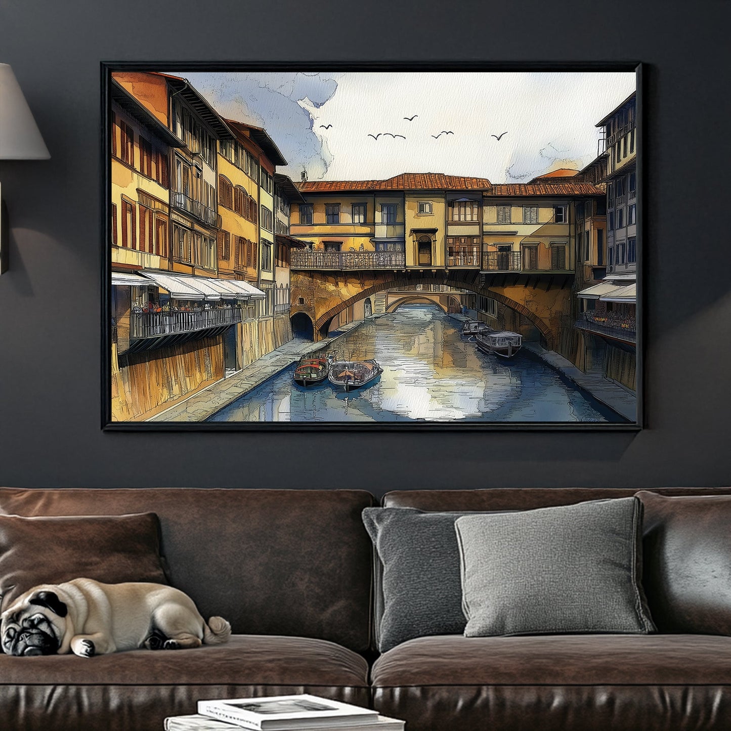 Florence Ponte Vecchio wall art with canal, boats, and historic architecture in watercolour style
