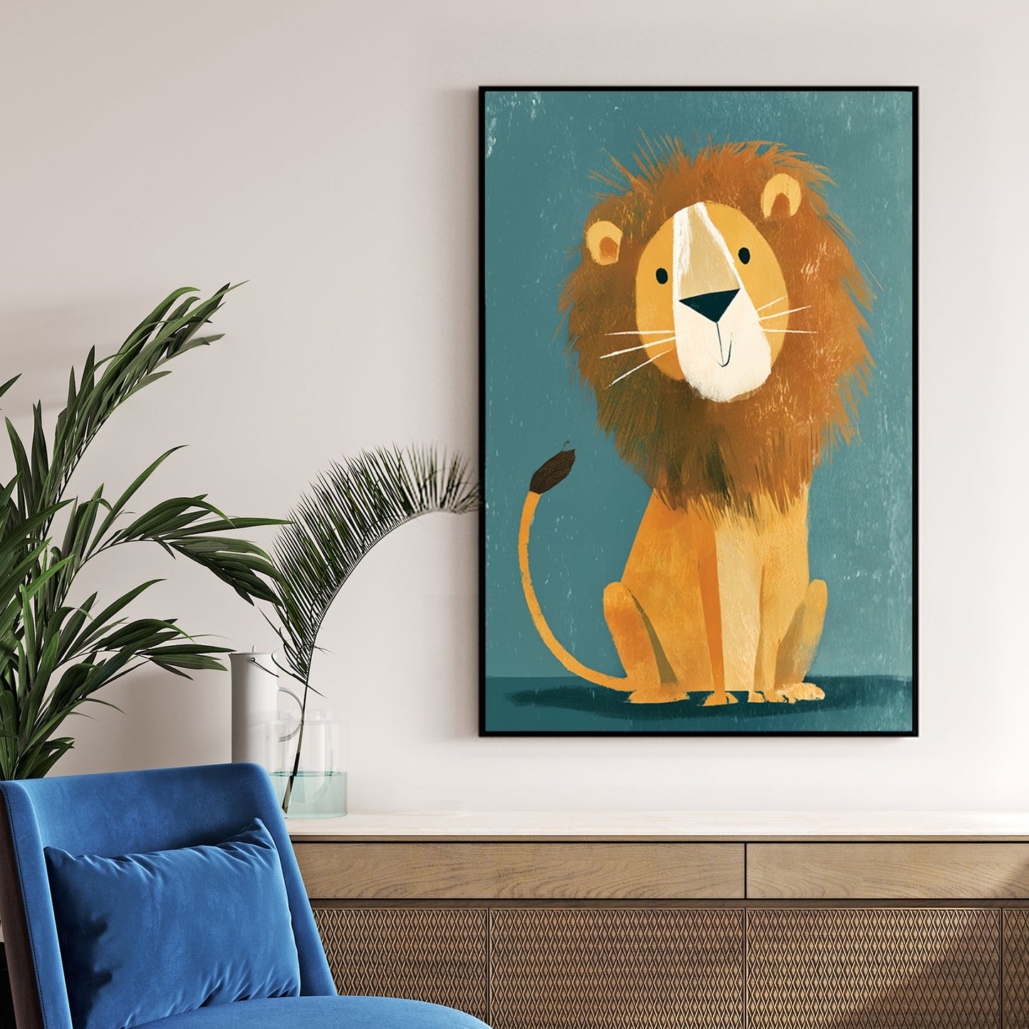 Smiling cartoon lion wall art with textured mane on teal background