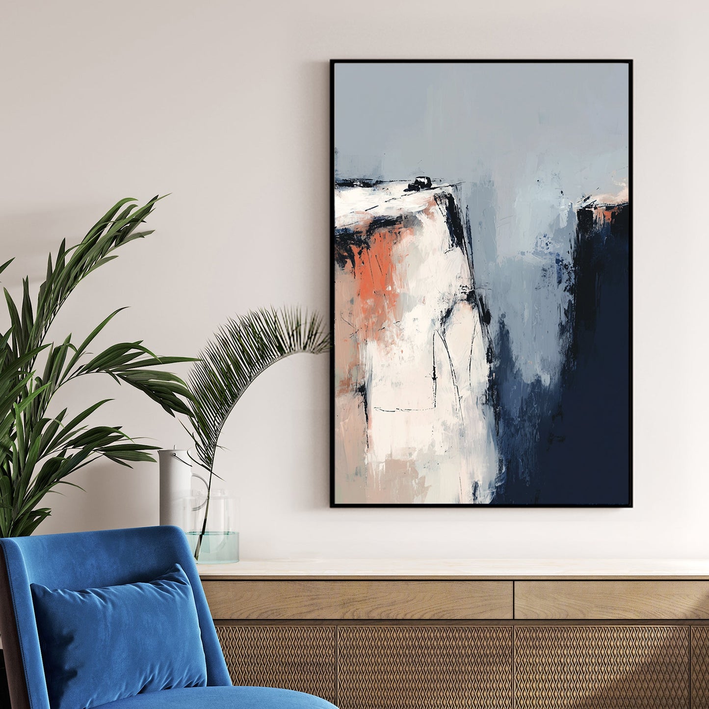 Abstract cliffside wall art with textured blue, white, and terracotta brushstrokes