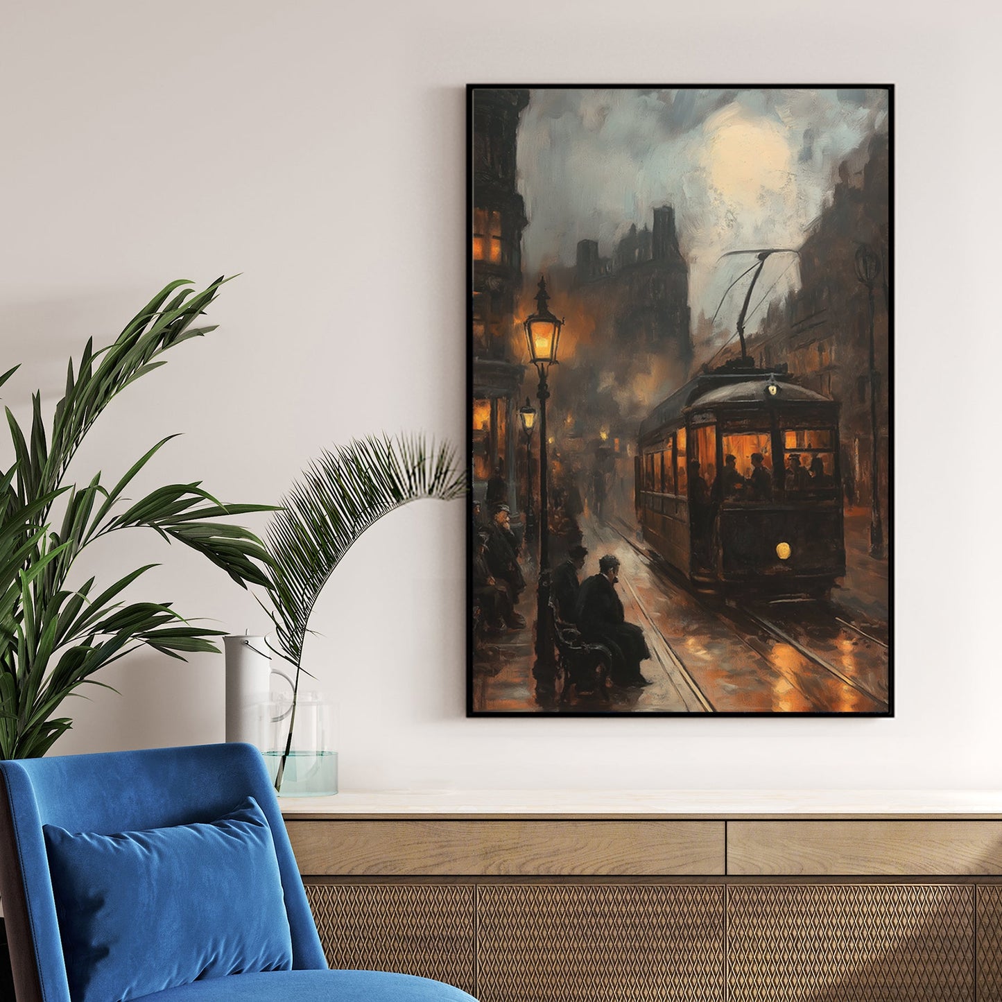 Vintage city streetcar at night wall art with glowing lamps and moody atmosphere