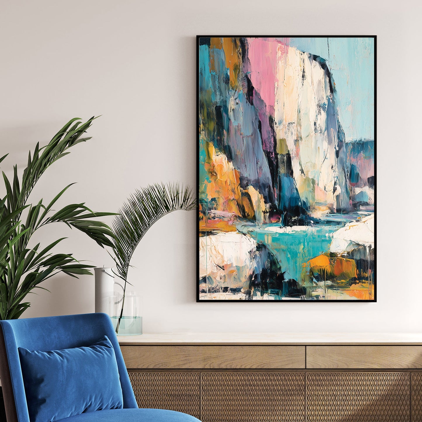 Abstract coastal cliff wall art with pink, teal, and golden textures
