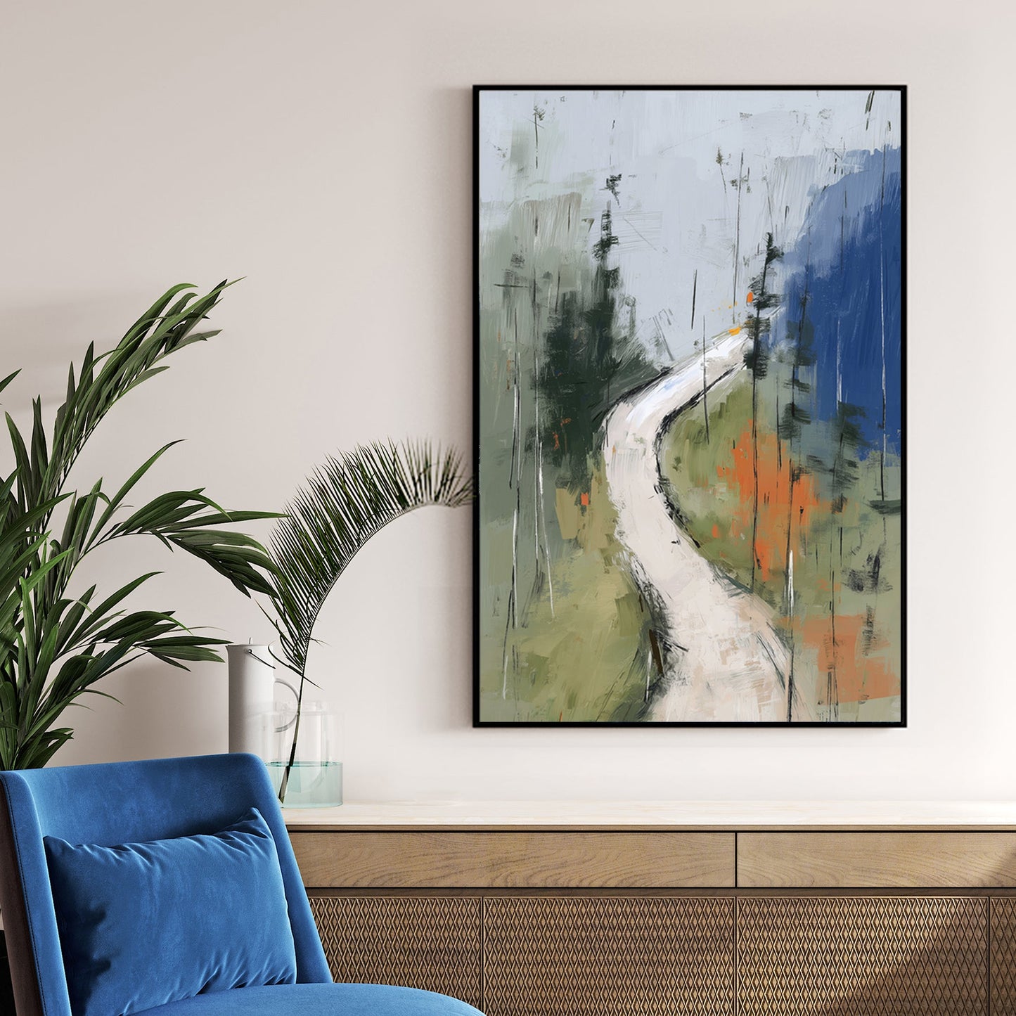 Minimalist forest trail wall art with green, grey, and orange brushstrokes