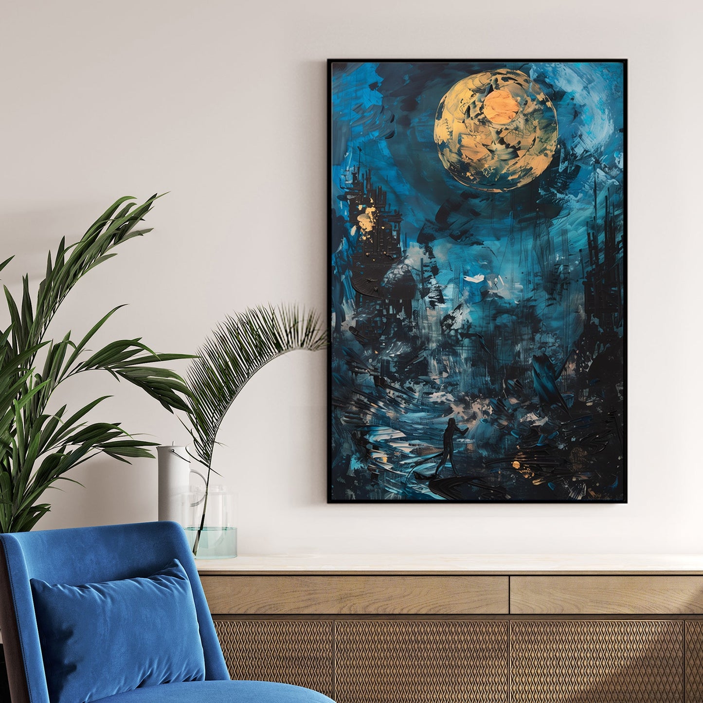 Abstract night scene with gold moon, blue sky, and a lone figure on a glowing path