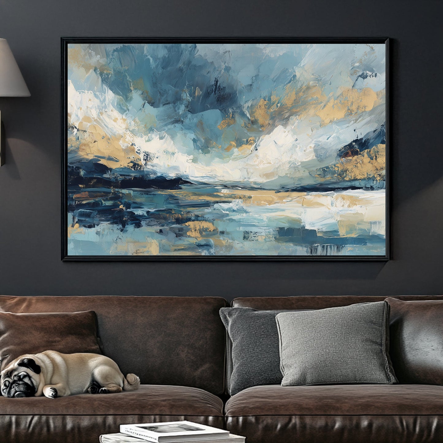 Abstract landscape with soft blues, creams, and gold brushstrokes evoking sky and water