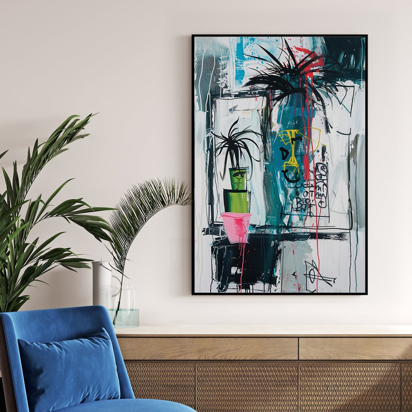 Graffiti-style painting of potted palm plants with abstract face drawings and neon accents