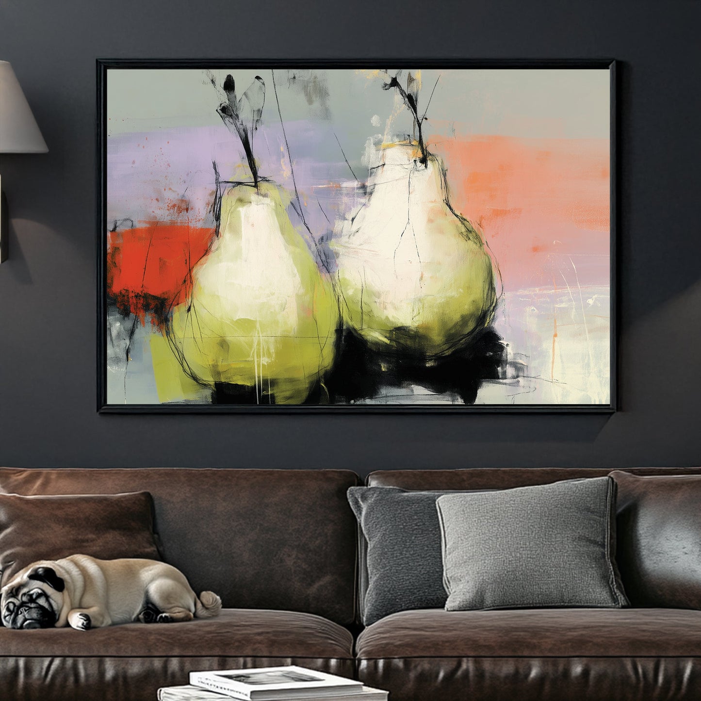 Abstract painting of two pears on a colourful pastel and red background
