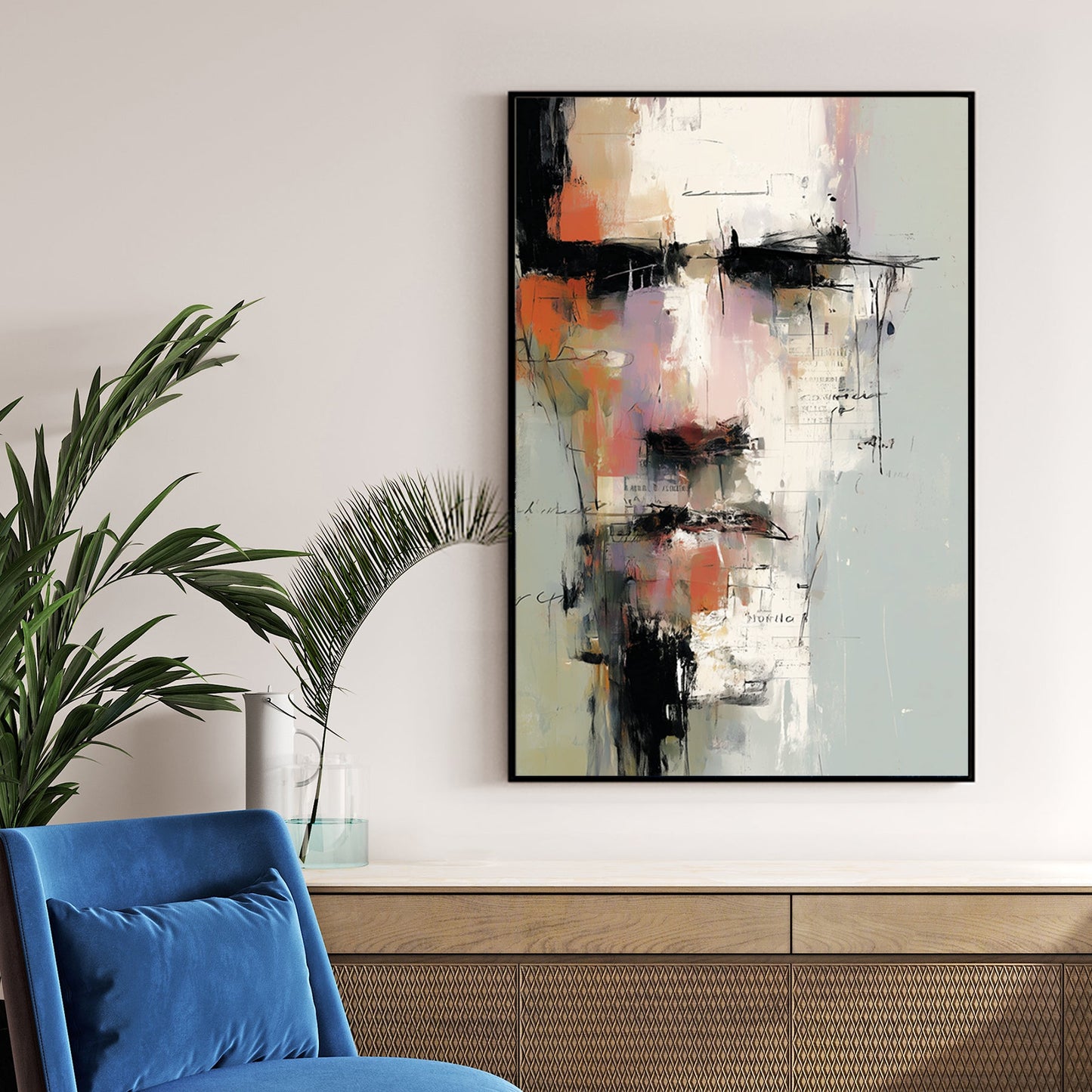 Abstract portrait of a male face with layered brushstrokes and text fragments on a neutral background