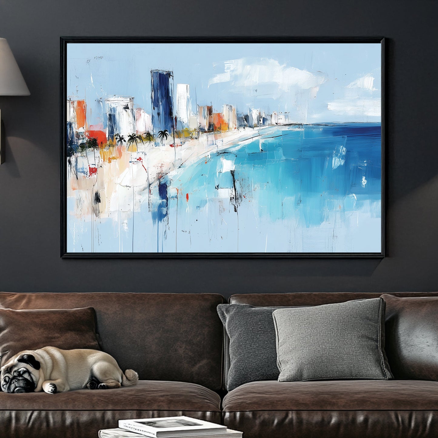 Abstract cityscape with ocean shoreline, high-rises, and palm trees in blue and white tones