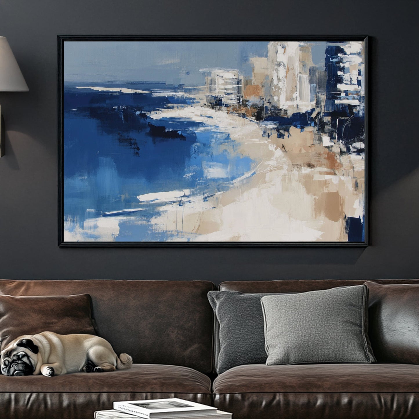 Abstract ocean and beach scene with Miami city skyline in navy, beige, and white