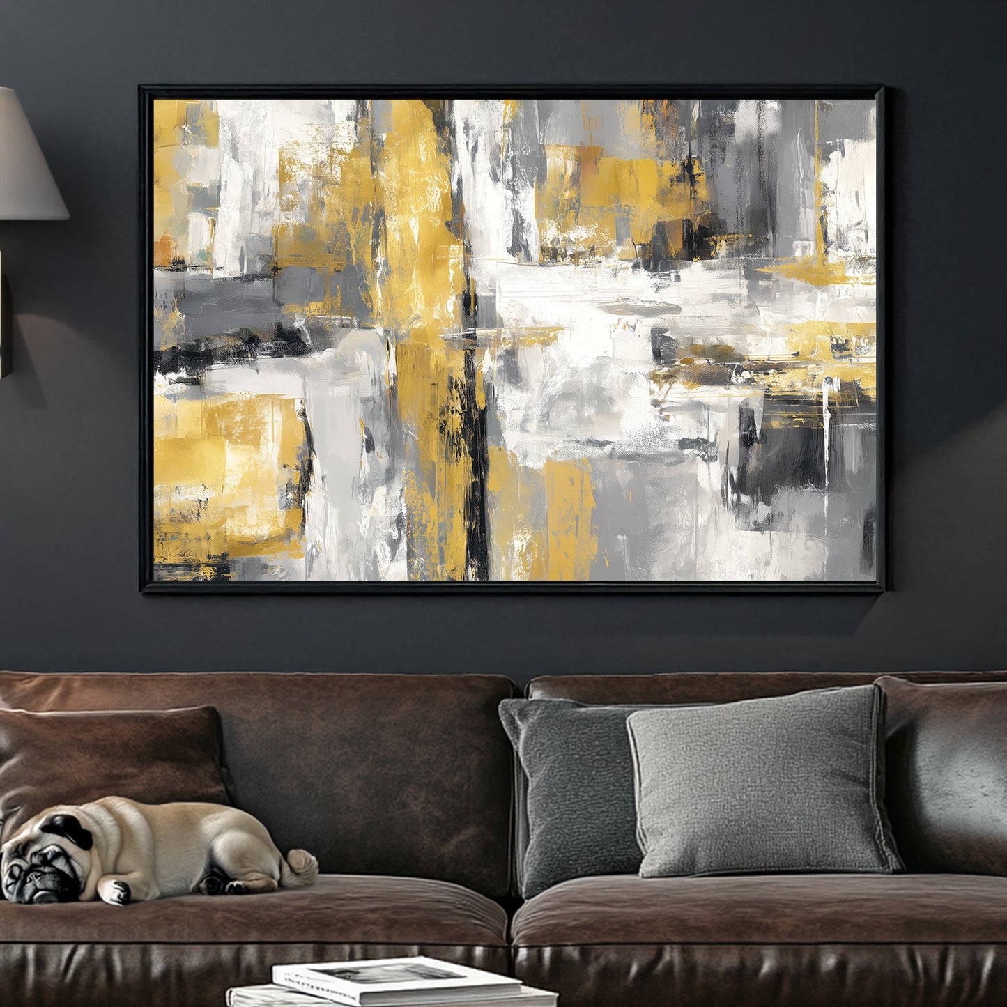 Abstract gold and grey grid-style painting with textured brush strokes