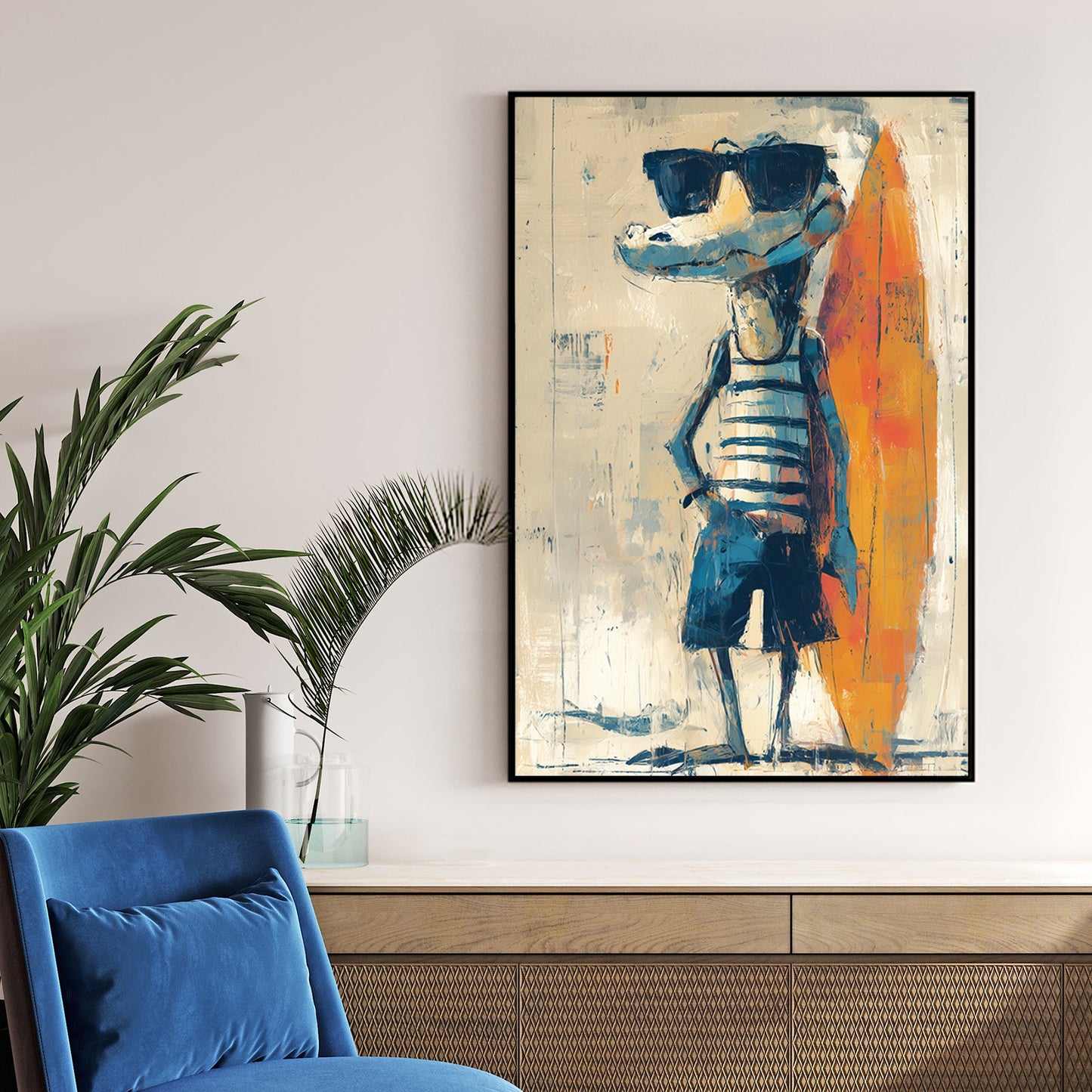 Humorous surfer crocodile character with surfboard wall art