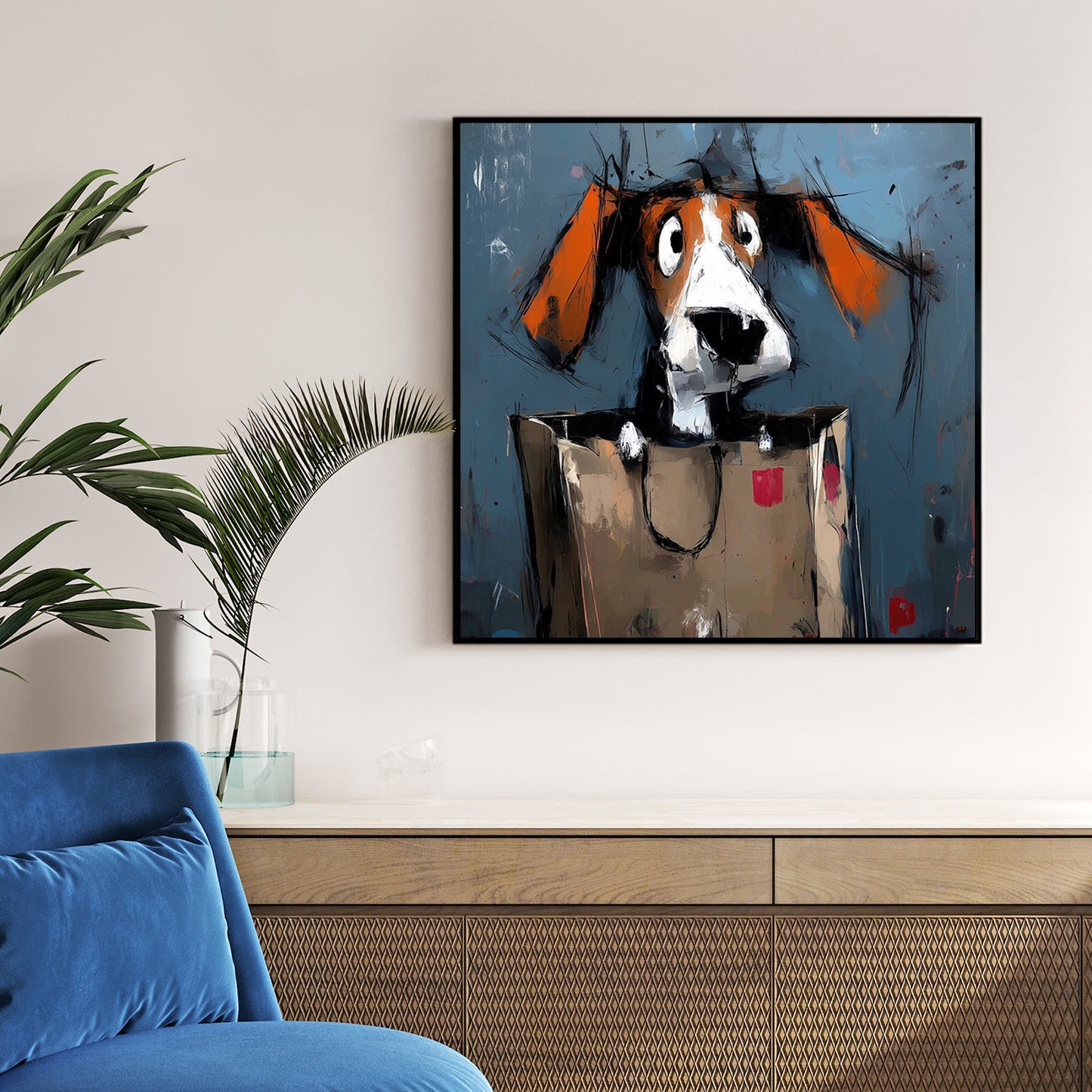 funny dog in shopping bag wall art