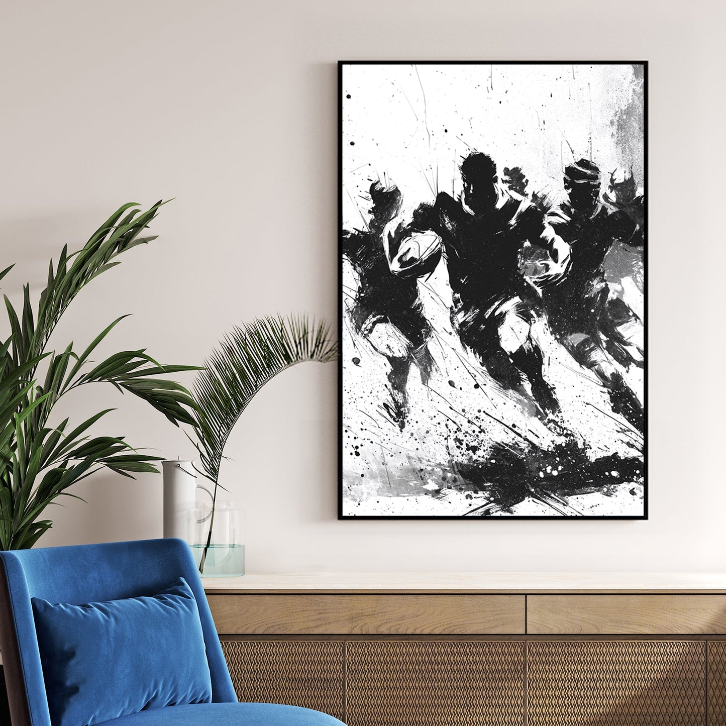 black and white expressive rugby wall art with paint splatter style