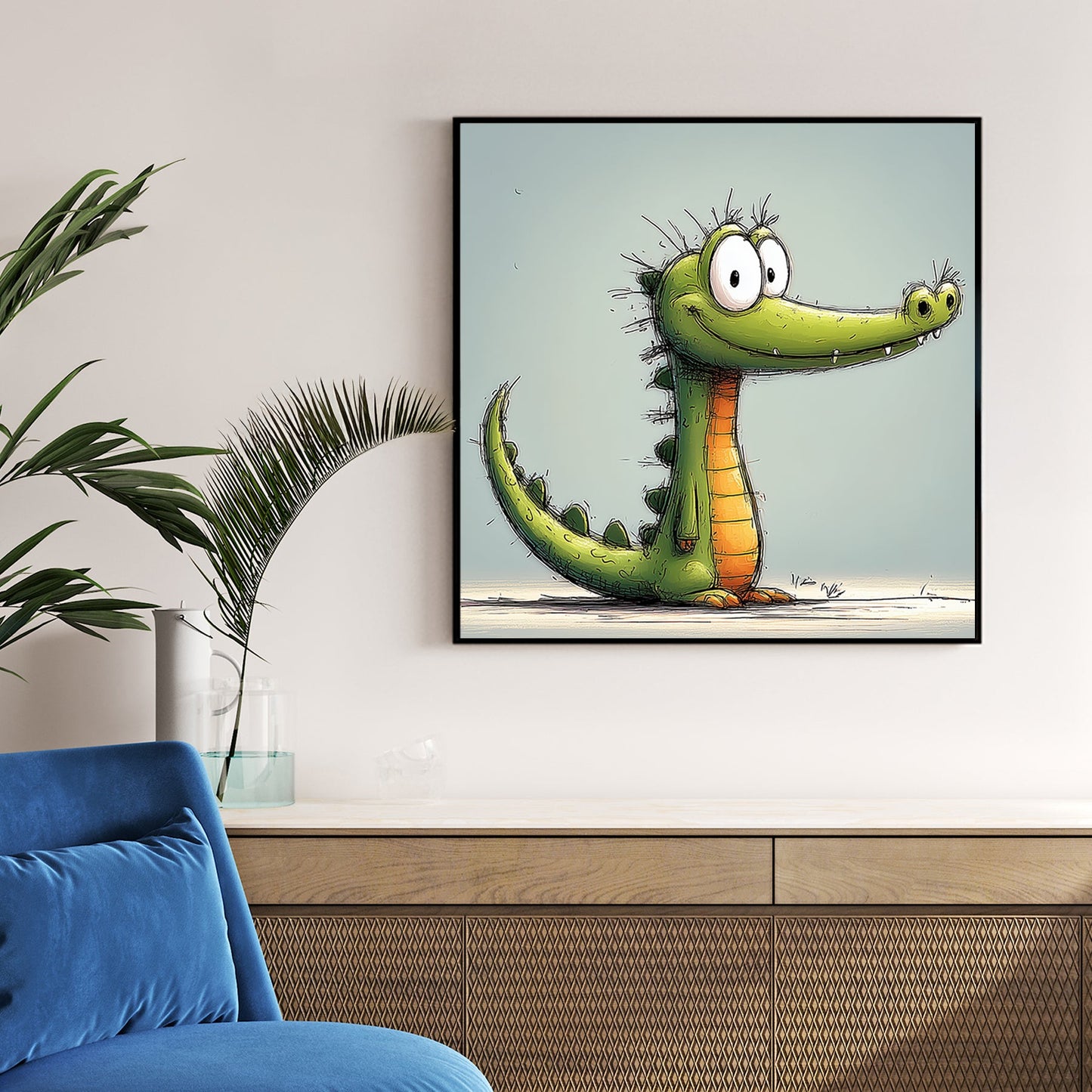 funny cartoon baby crocodile illustration with big eyes and smiling face