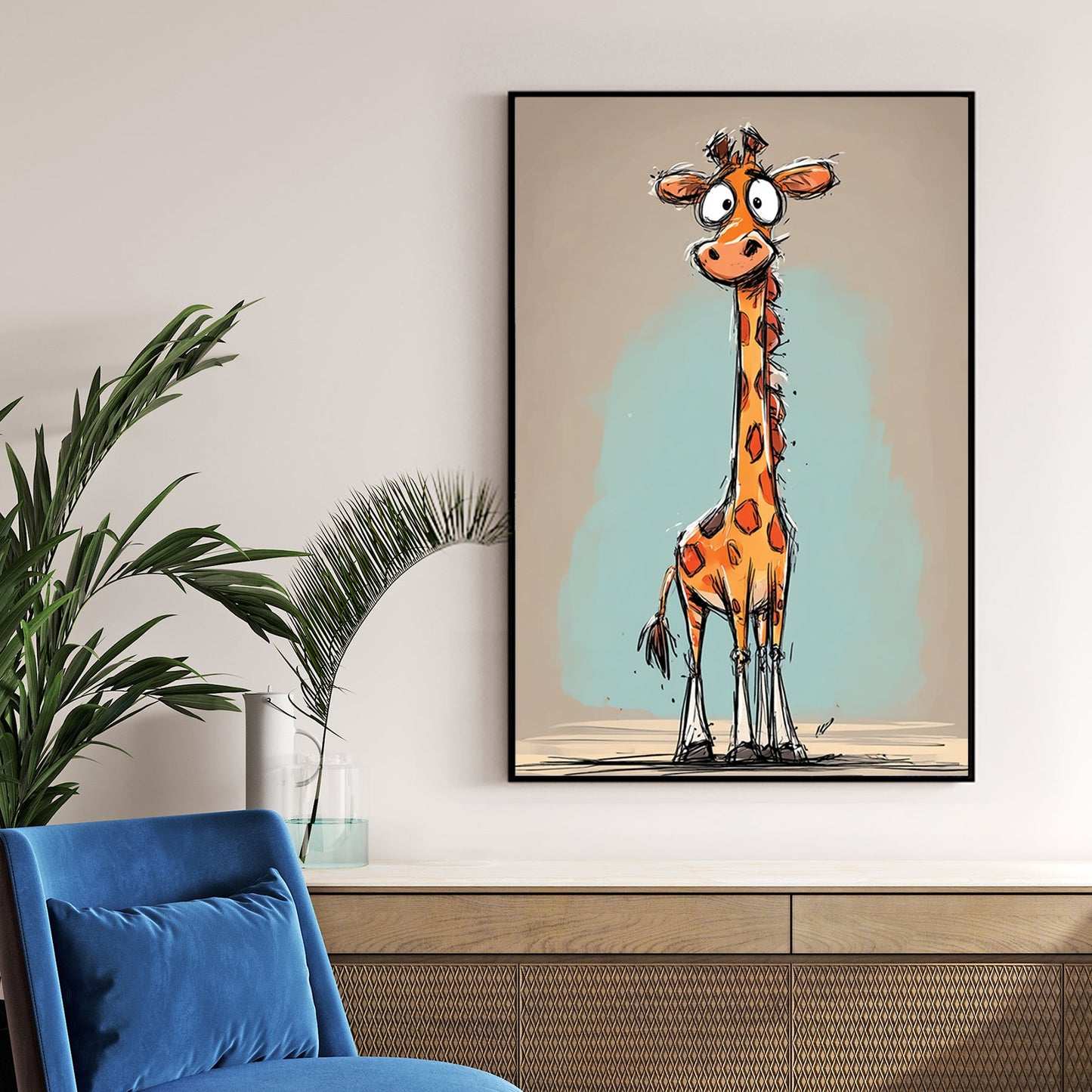 funny cartoon giraffe with long neck and orange spots on teal and beige background