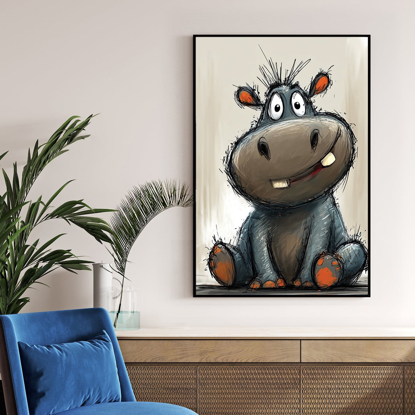 funny cartoon hippo sitting with goofy smile and orange paws on beige background