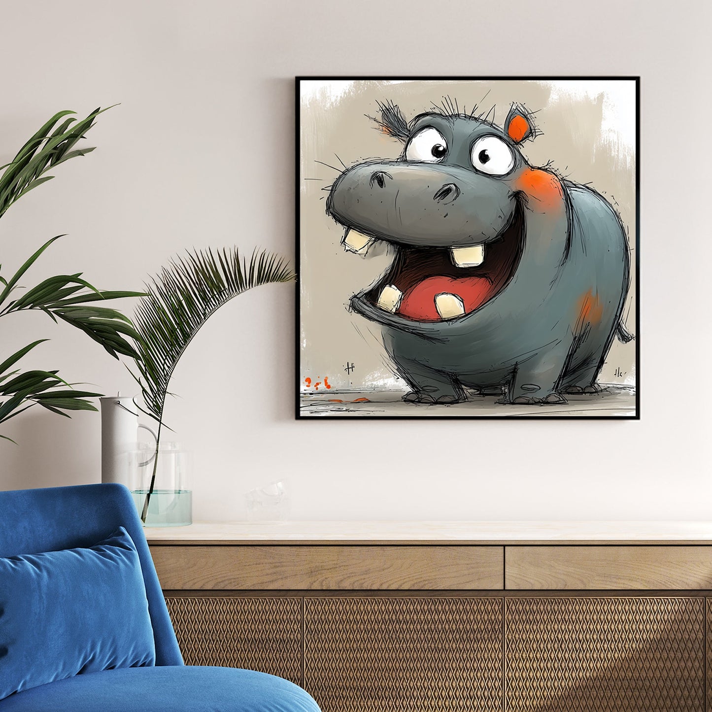 cartoon hippo laughing with big open mouth and orange accents on neutral background
