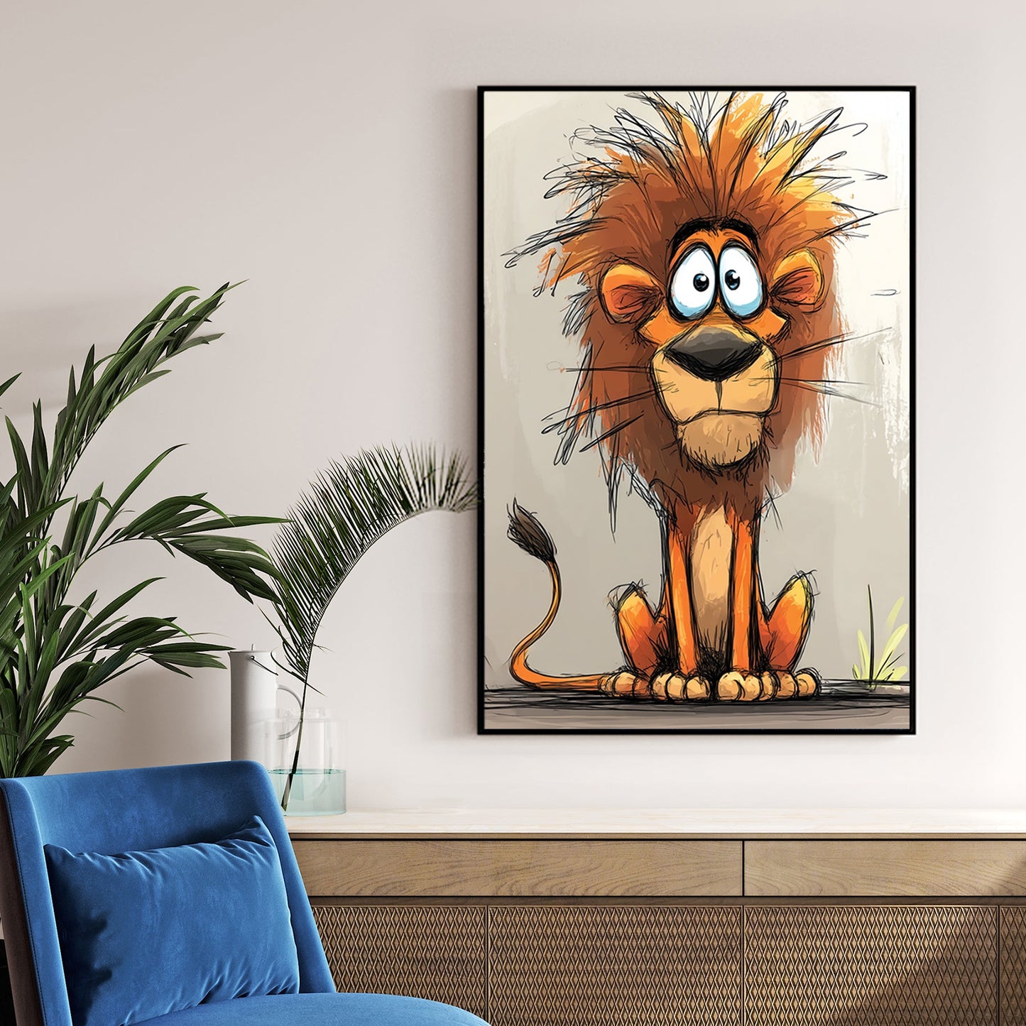 cartoon lion with wild orange mane and big eyes on light background