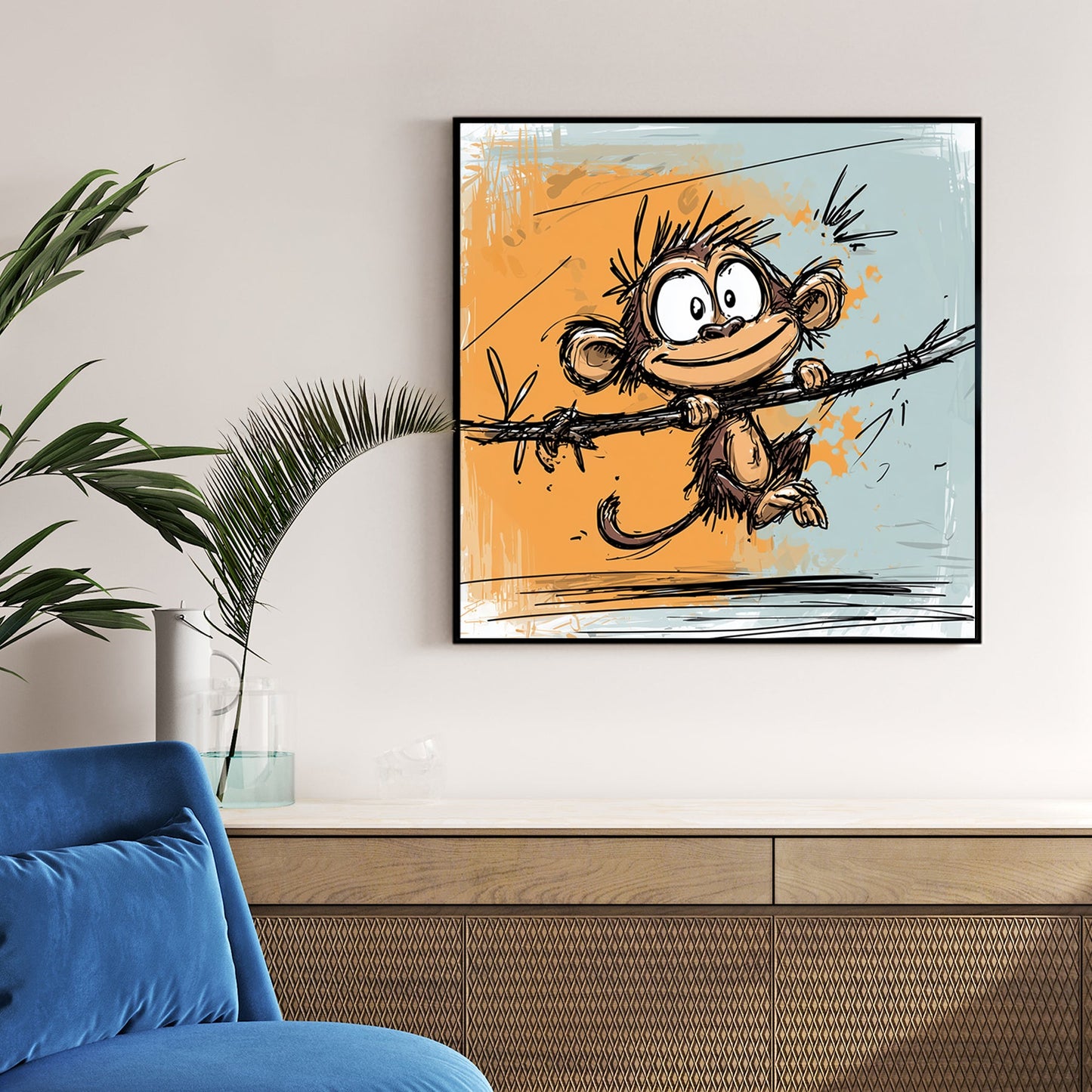 cartoon monkey swinging on vine with orange and blue background