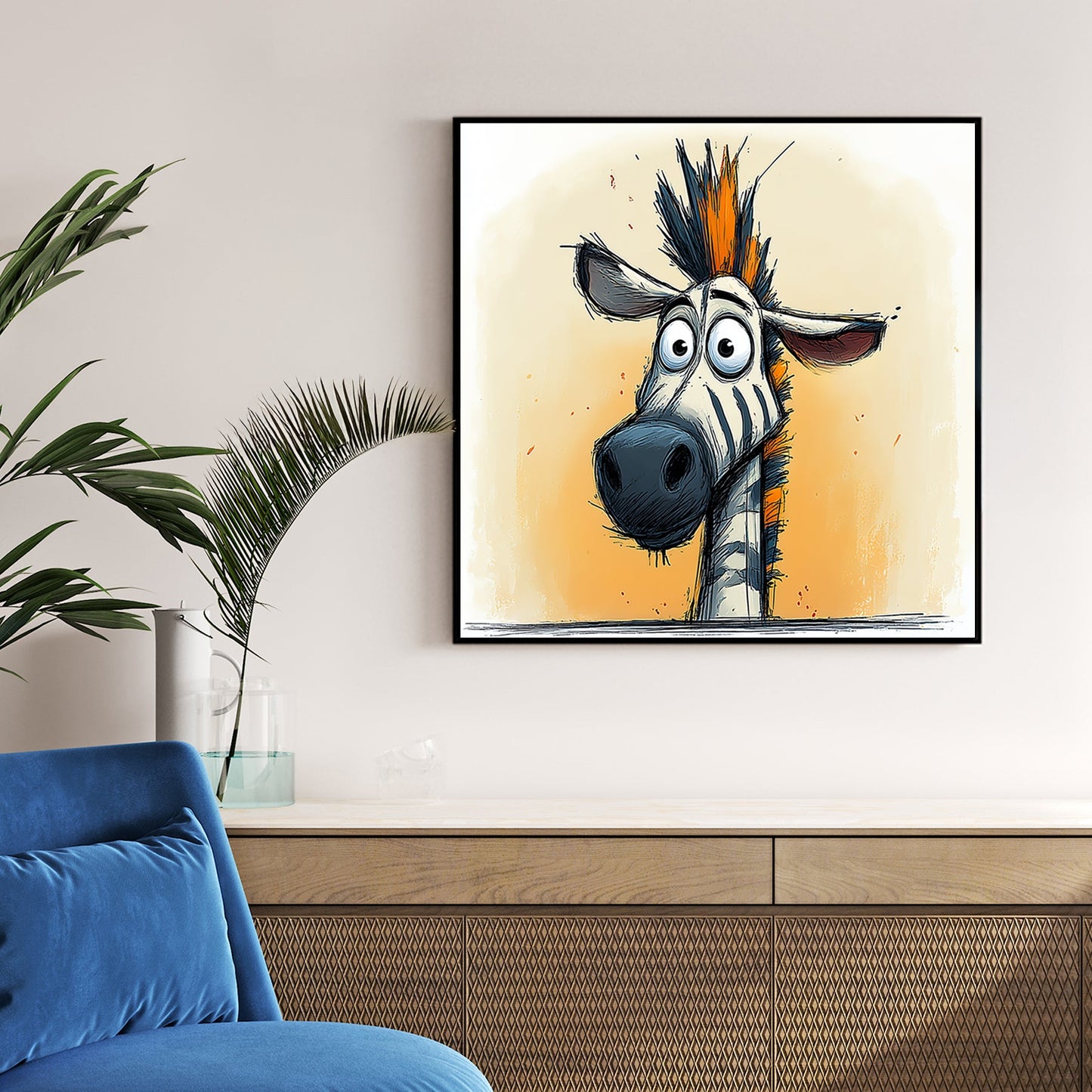 funny zebra wall art with orange mohawk and cartoon expression
