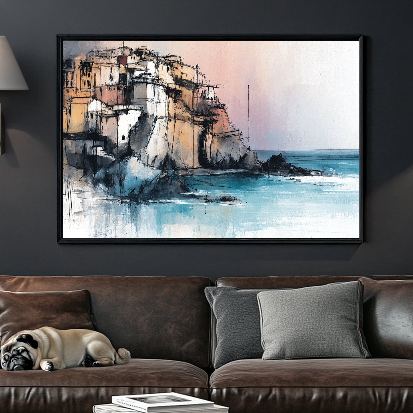 Cinque Terre mediterranean cliffside village wall art in pastel and turquoise tones