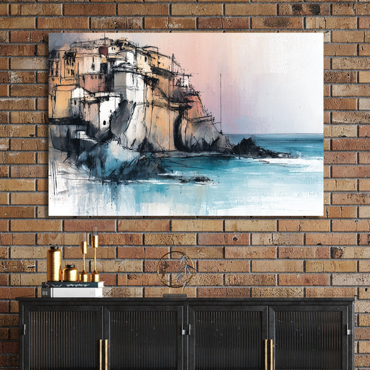 Cinque Terre mediterranean cliffside village wall art in pastel and turquoise tones