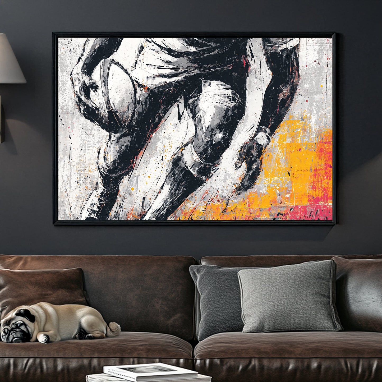 rugby player in motion painted wall art with black and orange accents