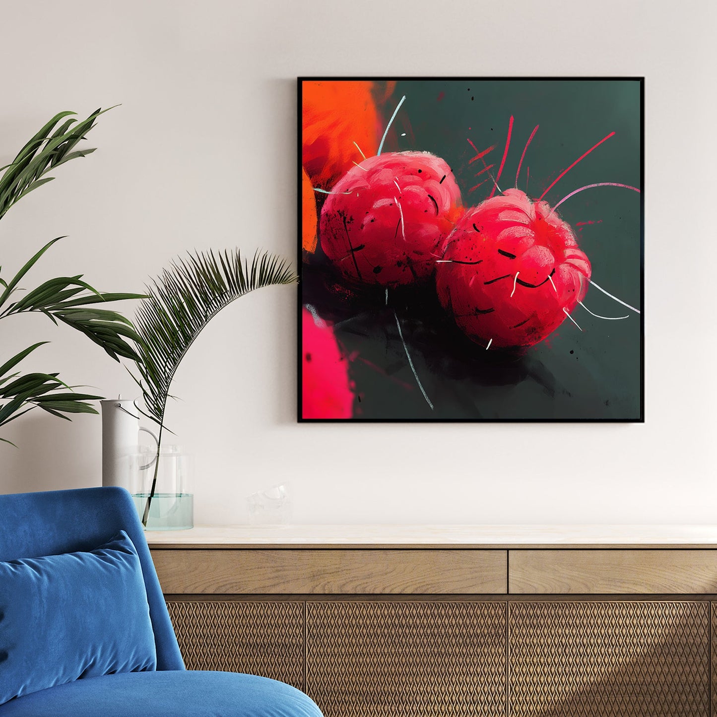 vibrant raspberry fruit abstract wall art with neon brushstrokes