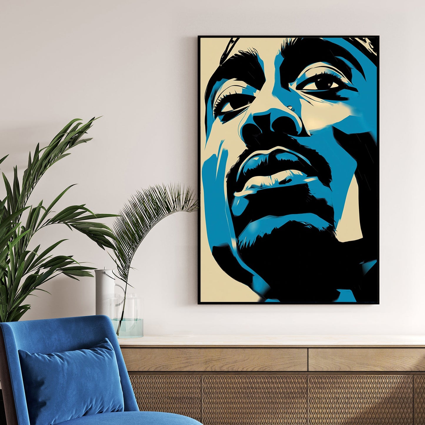 abstract tupac shakur portrait in pop art stencil style blue black and cream tones
