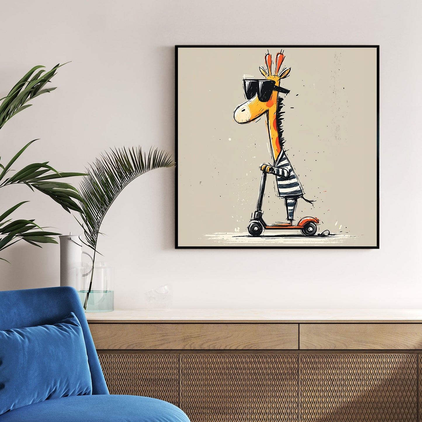 funny cartoon giraffe riding a red scooter wearing sunglasses and striped shirt