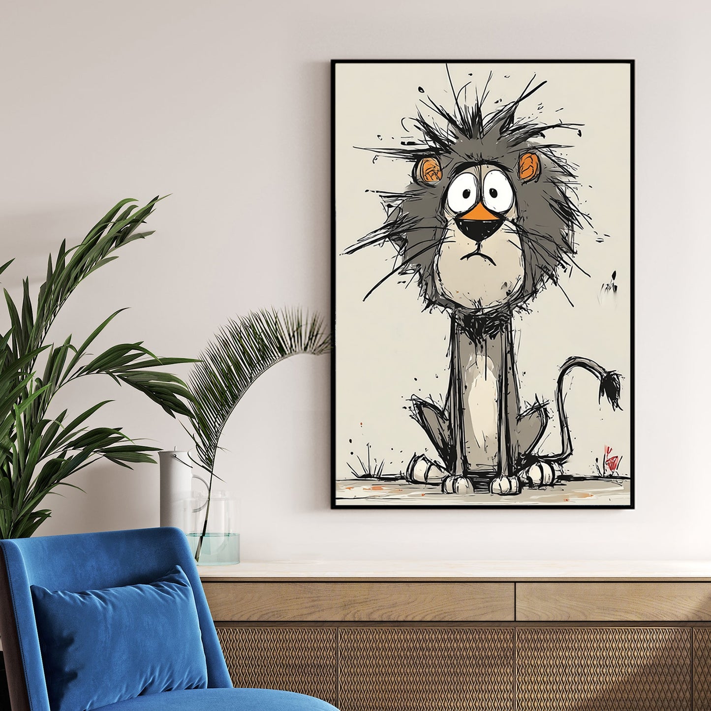 funny cartoon lion with messy mane and wide eyes on beige background