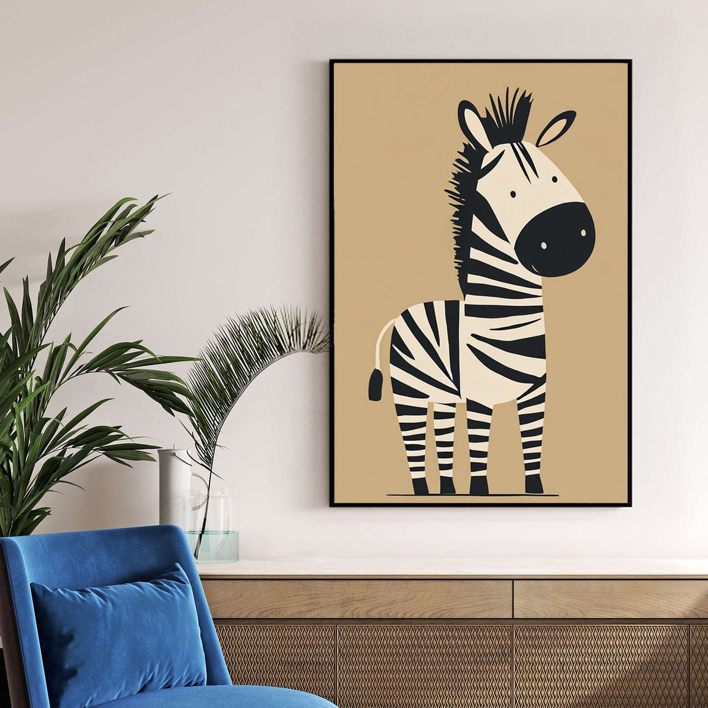 cute cartoon zebra in black and white on tan background