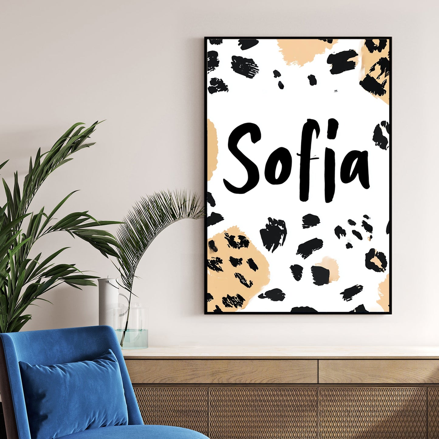 custom name art with leopard print background and “Sofia” in bold black font