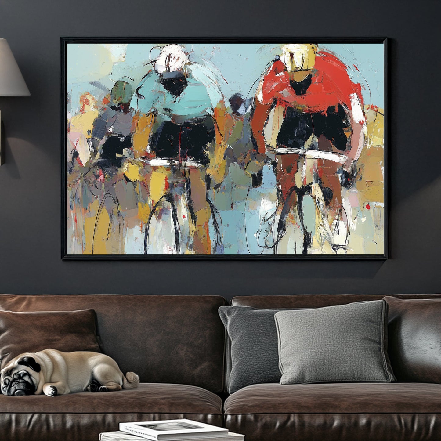 abstract painting of cyclists racing with bold brushstrokes in red and teal jerseys