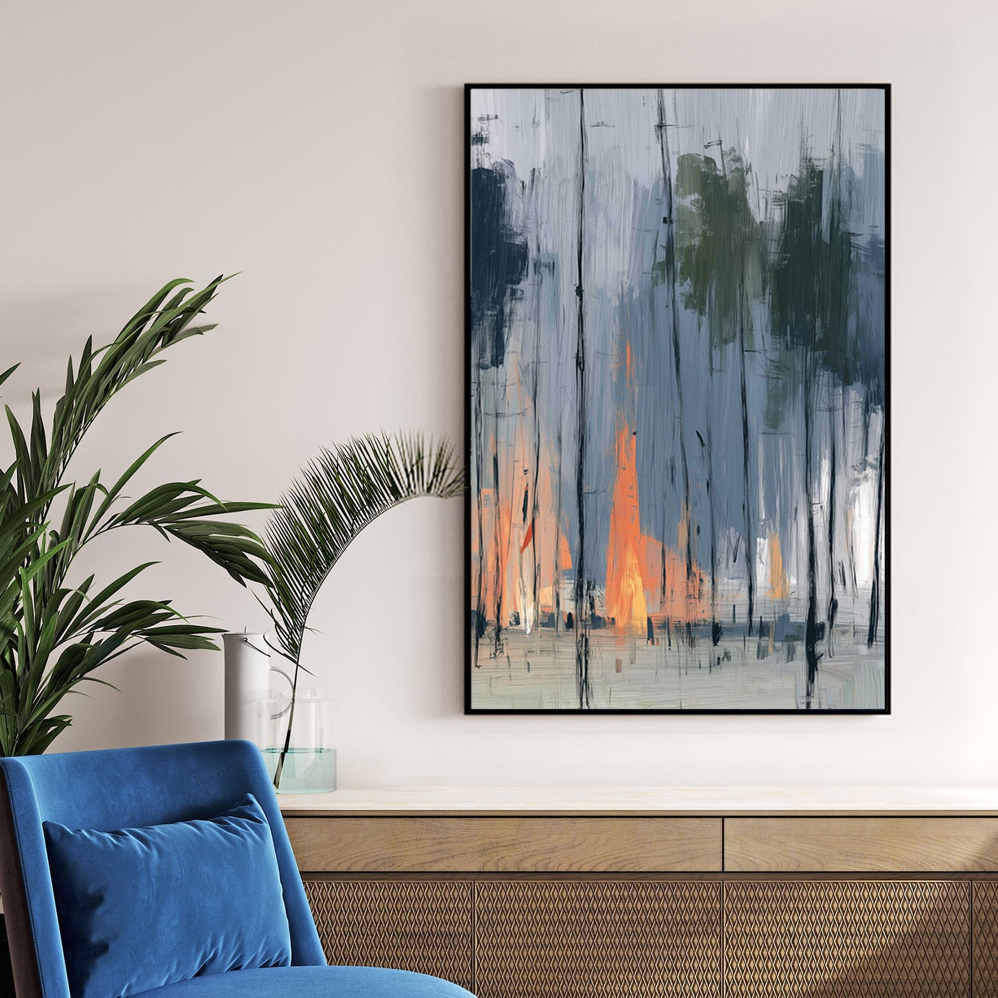 abstract painting of a forest with smoky blue trees and vibrant orange