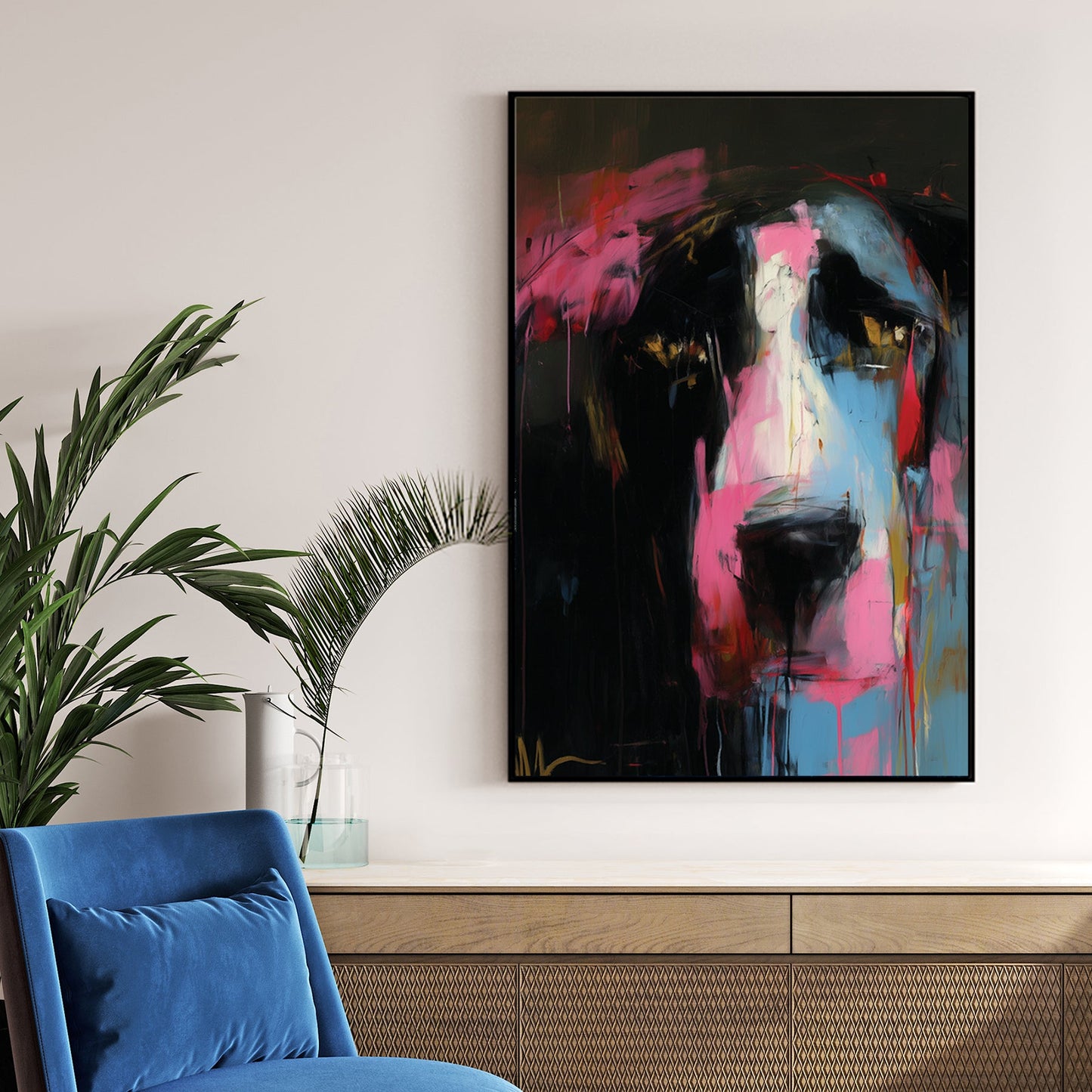 abstract portrait with pink, blue, and black brushstrokes forming an expressive animal-like face
