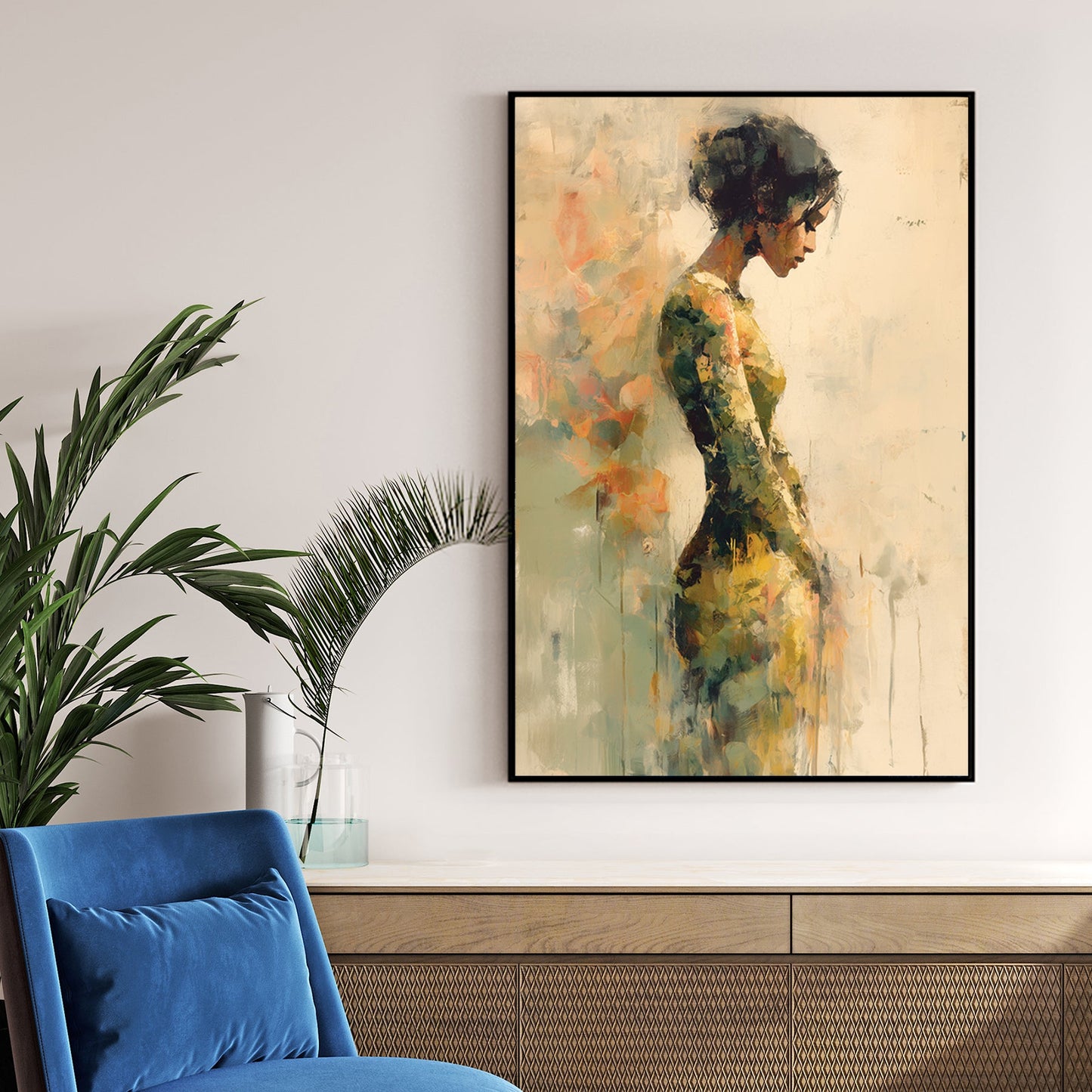 abstract painting of a woman in a textured green and gold dress against a neutral background