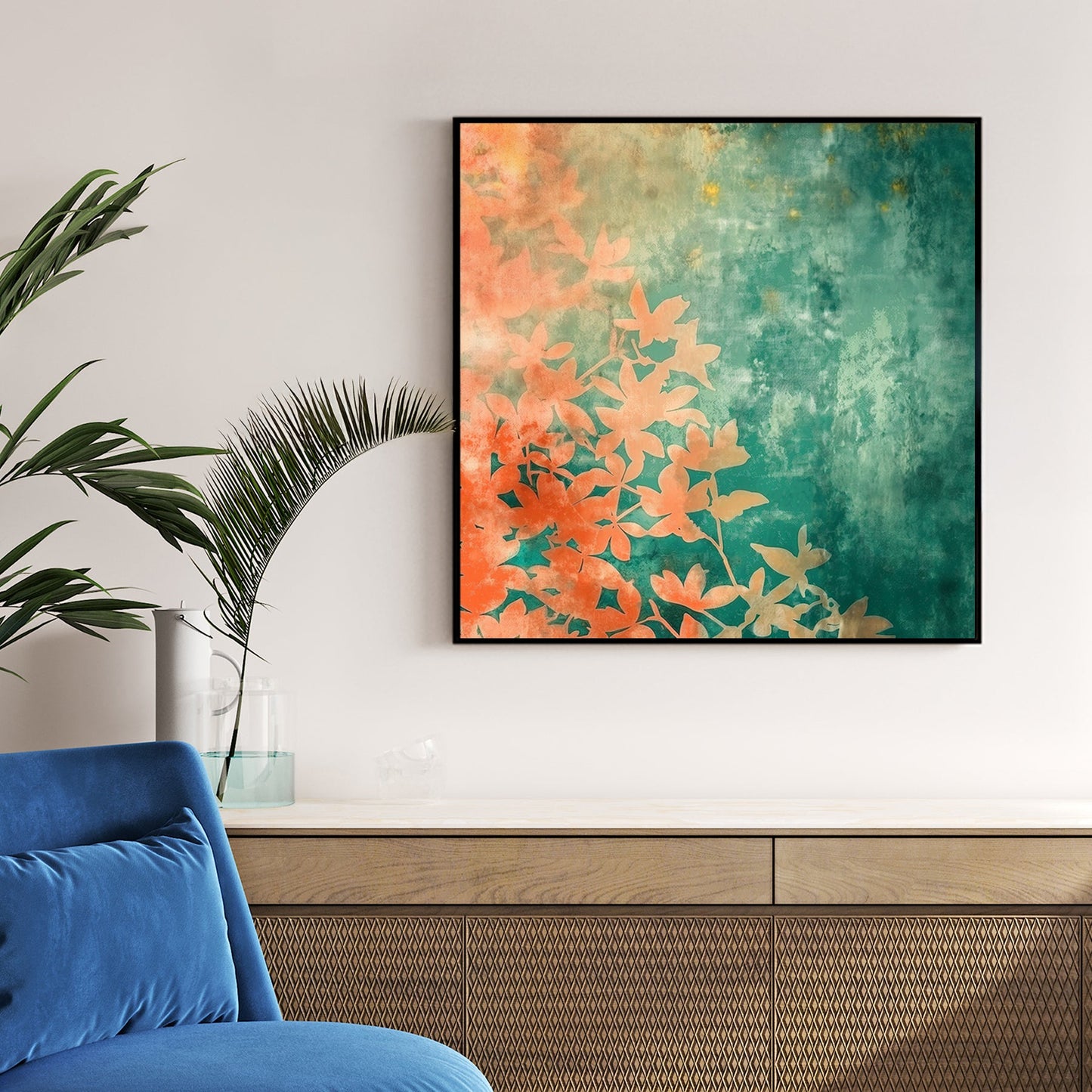botanical abstract art with coral leaves on a textured teal and golden background