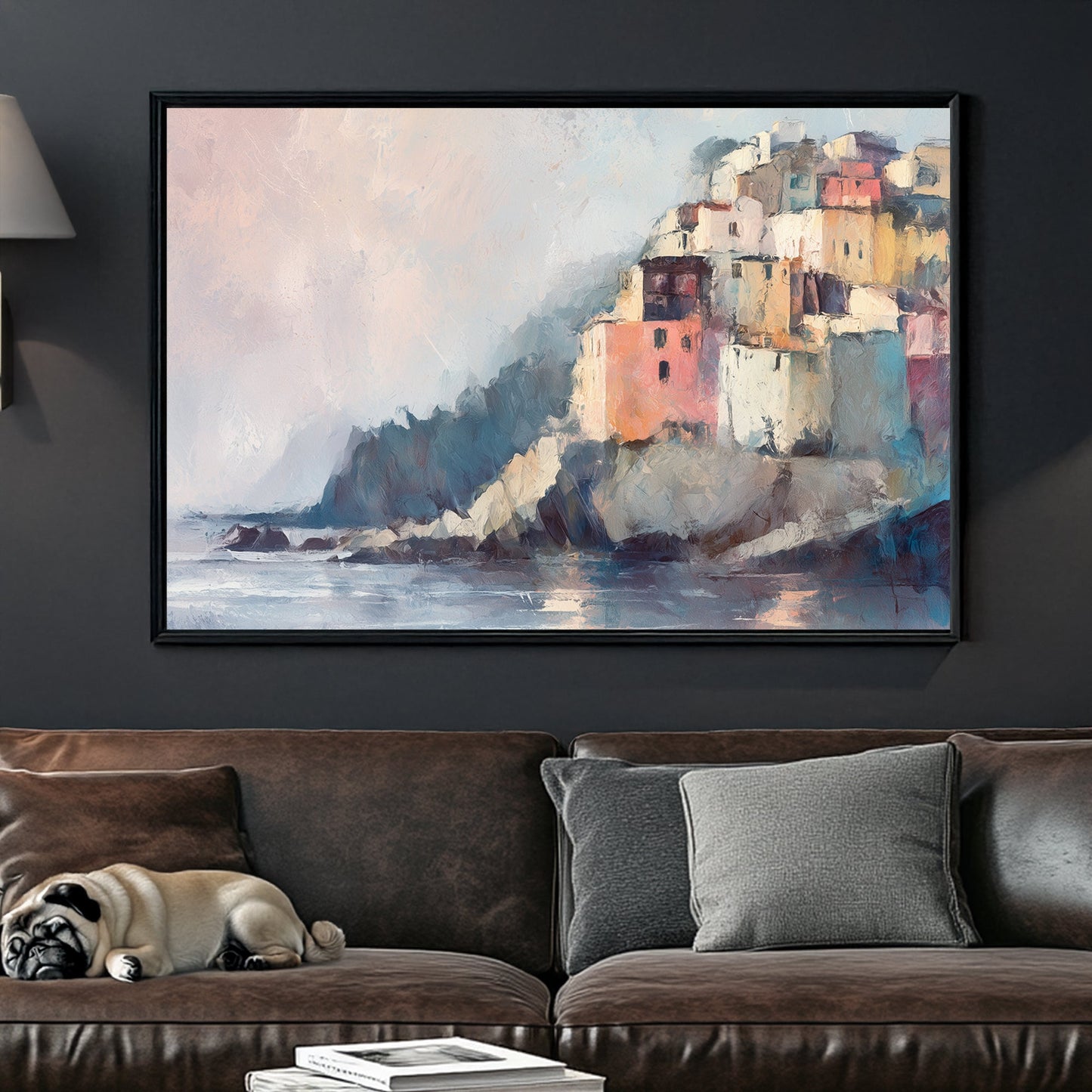 impressionist coastal painting with pastel buildings on cliffs by the sea