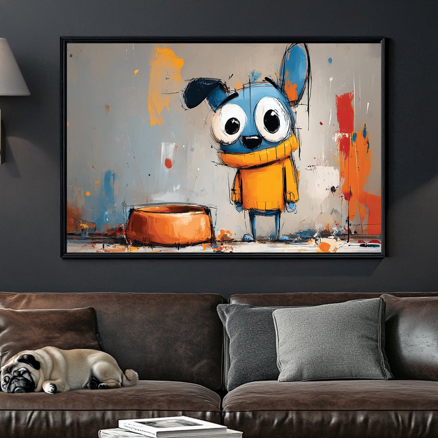 cartoon blue dog with big eyes in yellow sweater beside orange bowl on abstract graffiti background