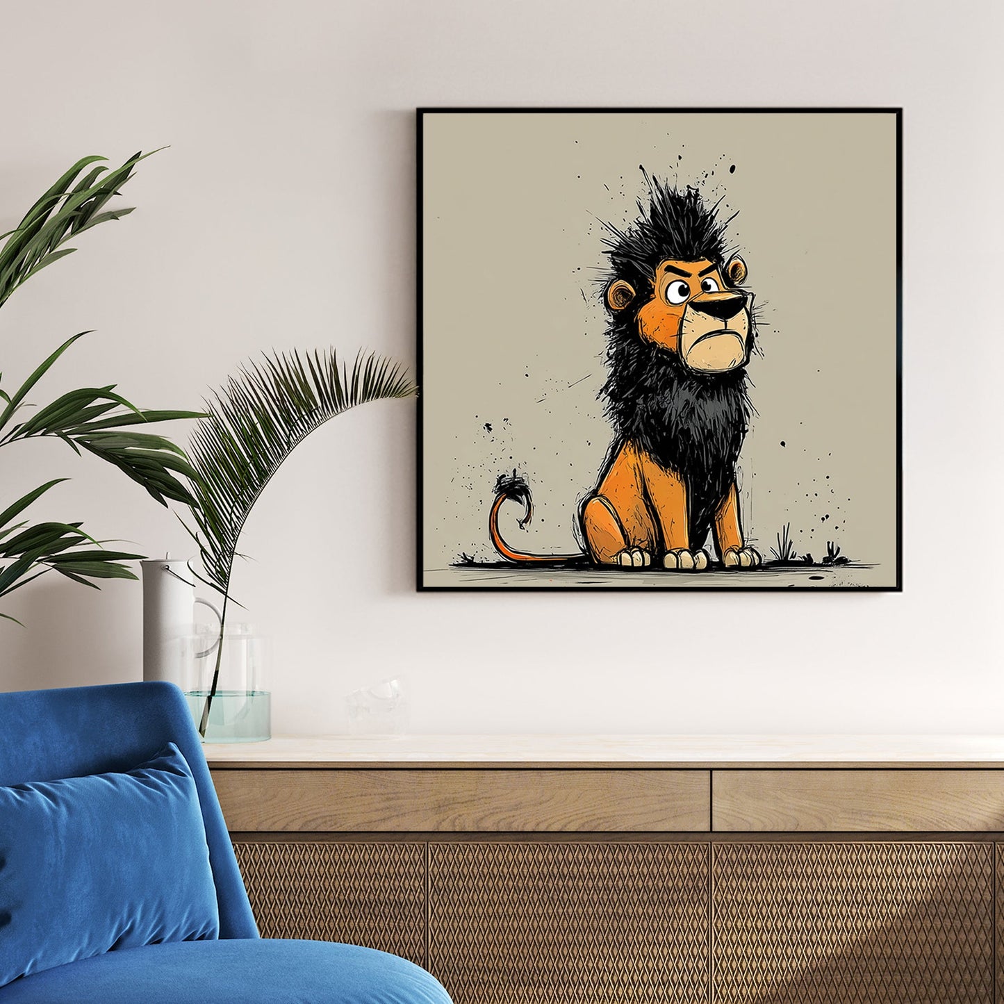 cartoon lion with black mane and grumpy face in graffiti style on beige background