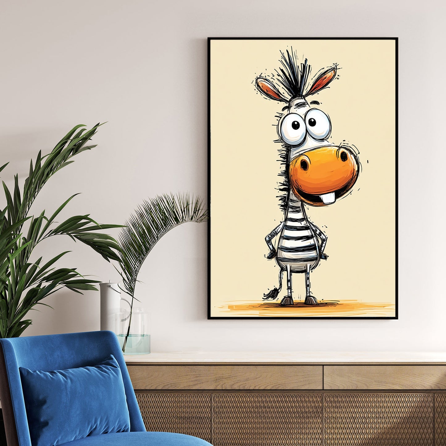 funny cartoon zebra with big eyes and orange snout on beige background