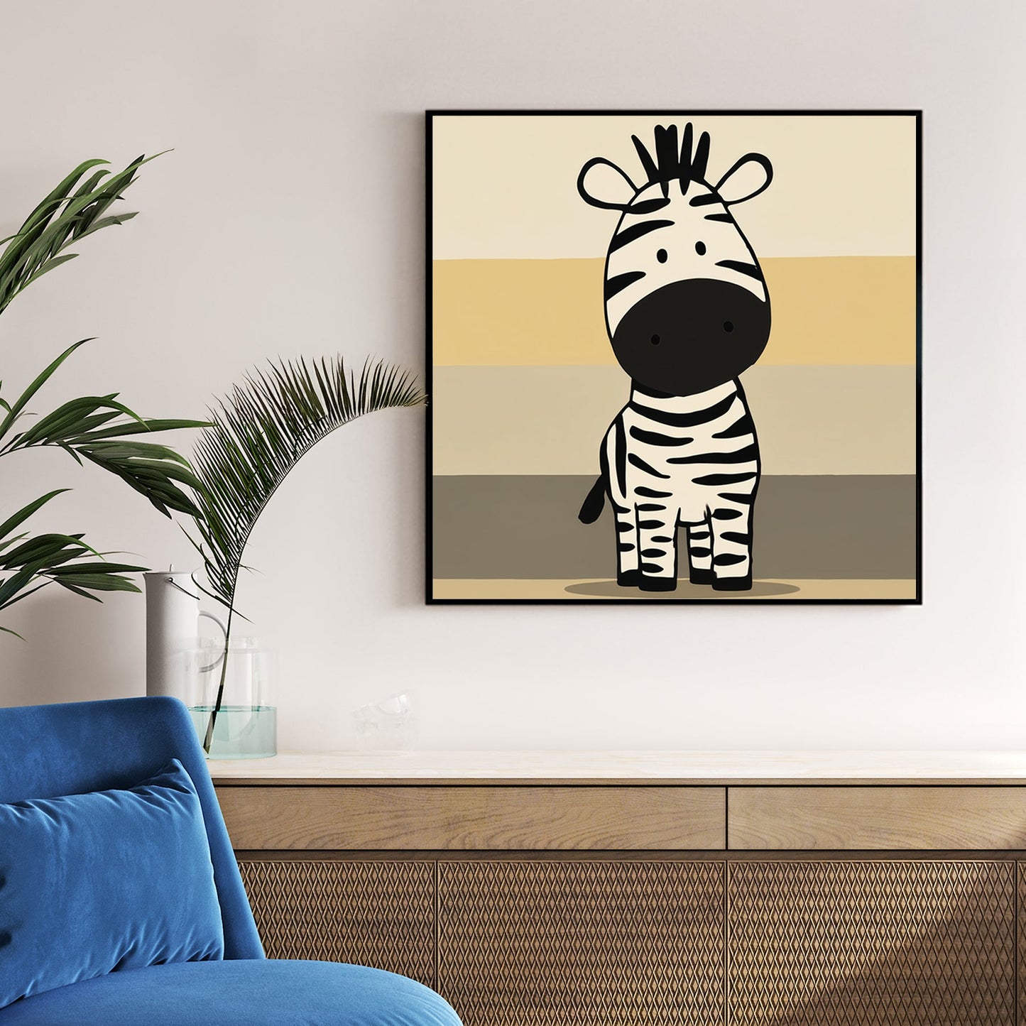 minimalist cartoon zebra on neutral striped background