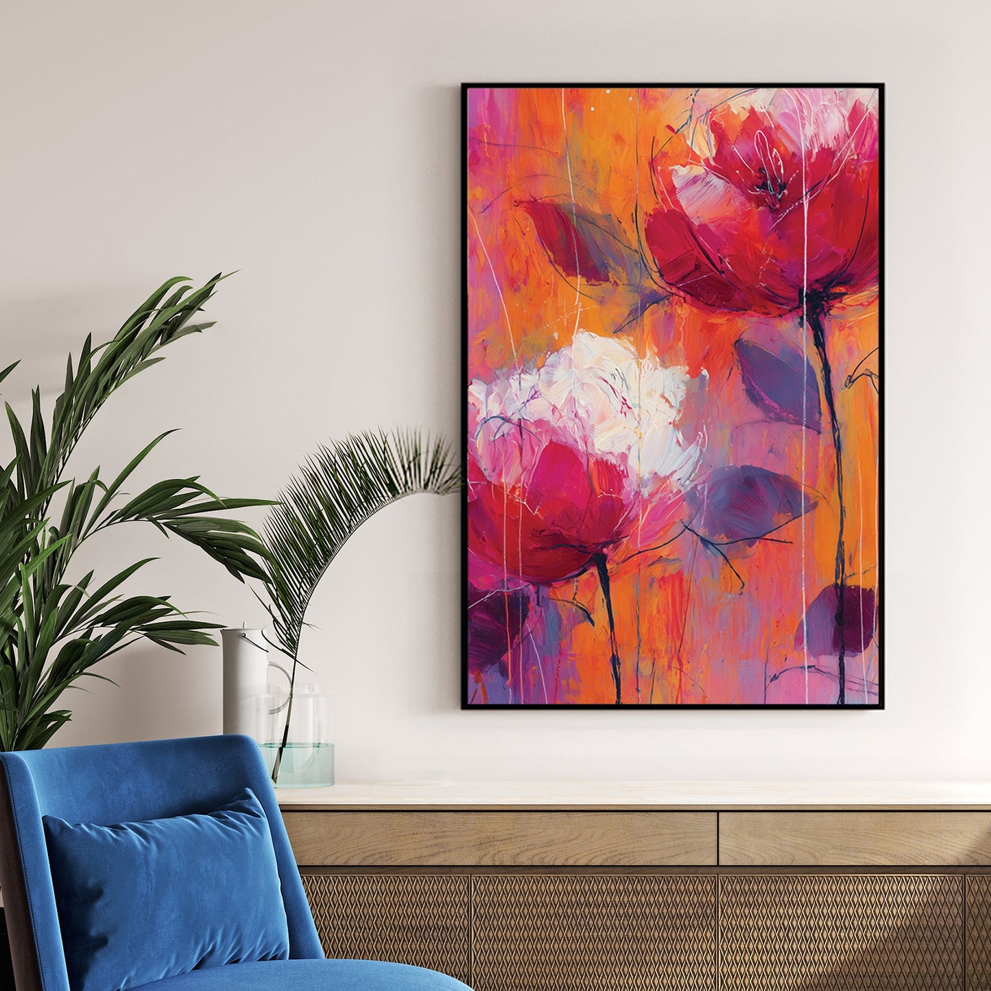 abstract floral wall art with pink and orange flowers on textured background