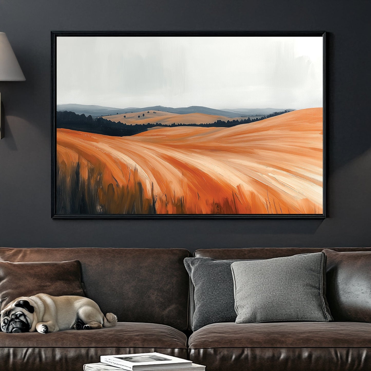 amber countryside landscape wall art with rolling hills and golden fields