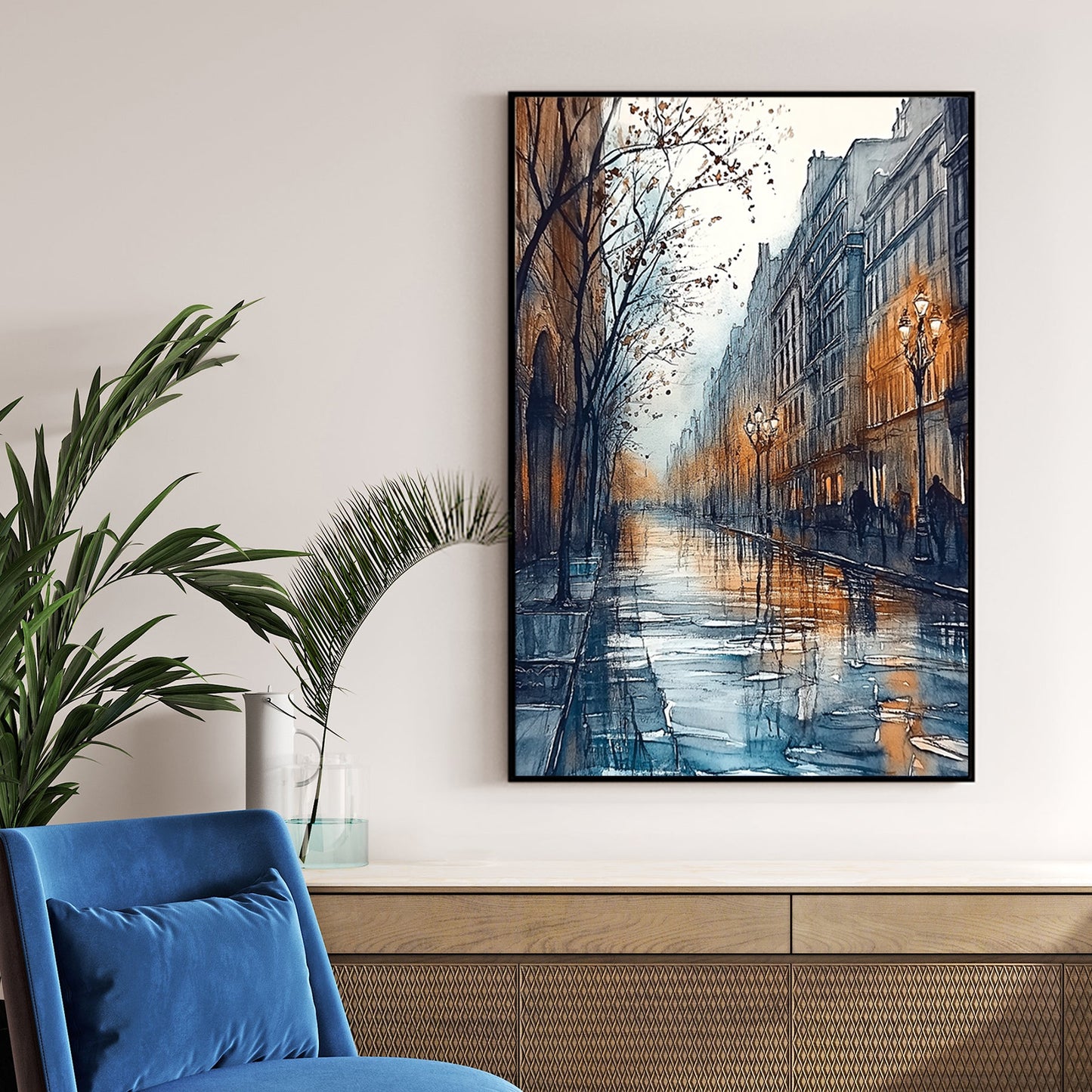 moody city street wall art with rainy reflections and warm lamplight