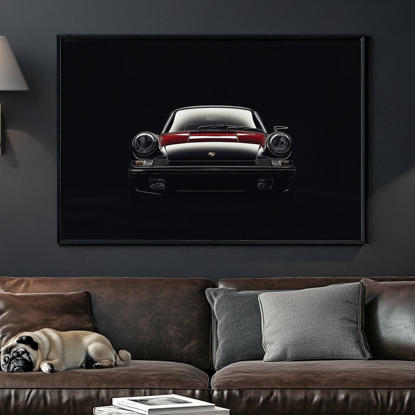 vintage Porsche 911 front view wall art in red and black on black background